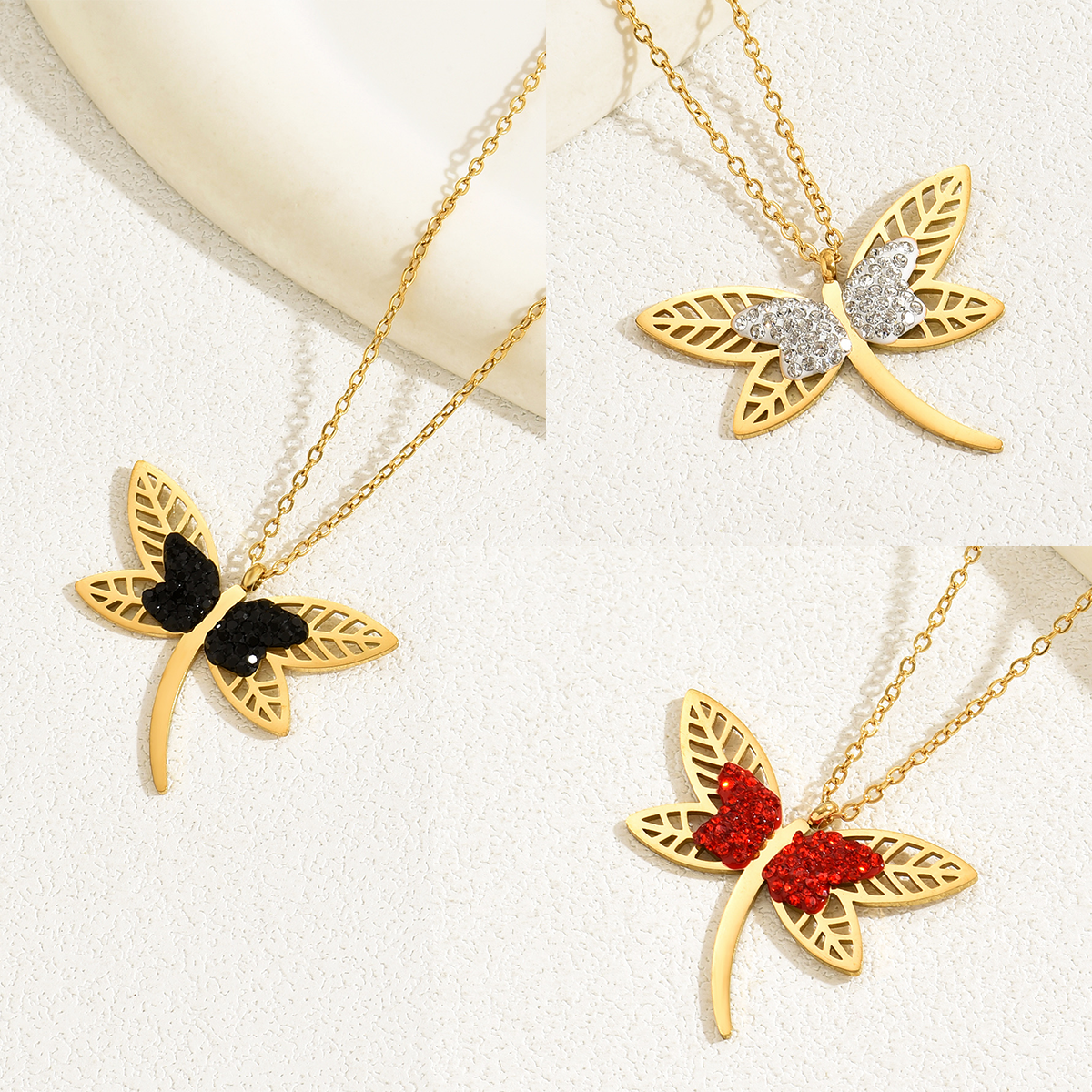 201 Stainless Steel 18K Gold Plated Modern Style Korean Style Plating Hollow Out Inlay Dragonfly Rhinestones Glass Pendant Necklace display picture 15