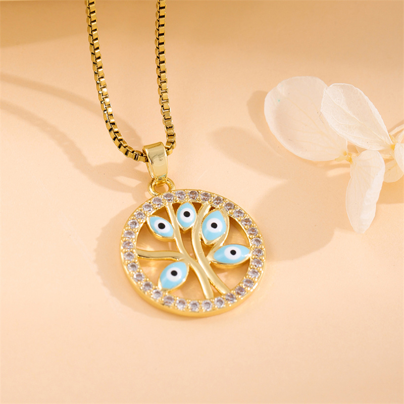 Stainless Steel Titanium Steel 18K Gold Plated Simple Style Streetwear Enamel Plating Inlay Devil'S Eye Tree Zircon Pendant Necklace display picture 1