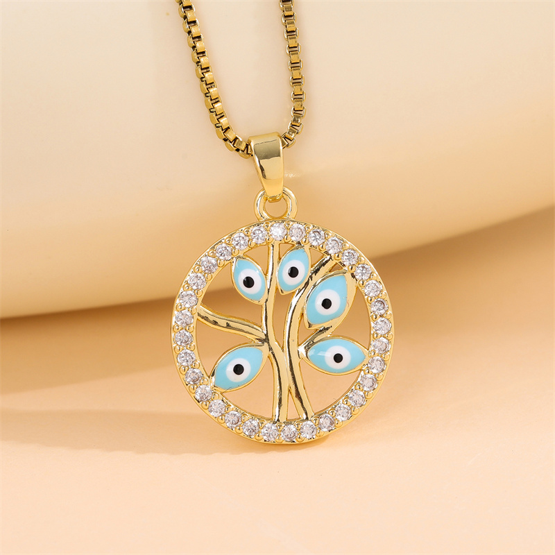 Stainless Steel Titanium Steel 18K Gold Plated Simple Style Streetwear Enamel Plating Inlay Devil'S Eye Tree Zircon Pendant Necklace display picture 4