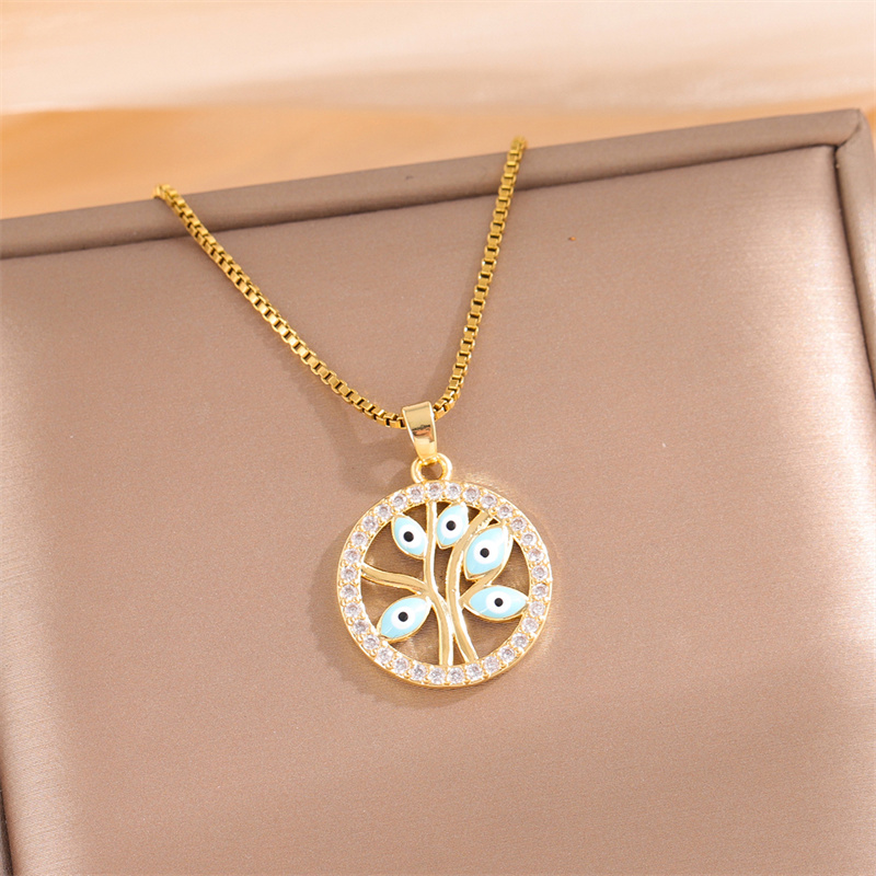 Stainless Steel Titanium Steel 18K Gold Plated Simple Style Streetwear Enamel Plating Inlay Devil'S Eye Tree Zircon Pendant Necklace display picture 2