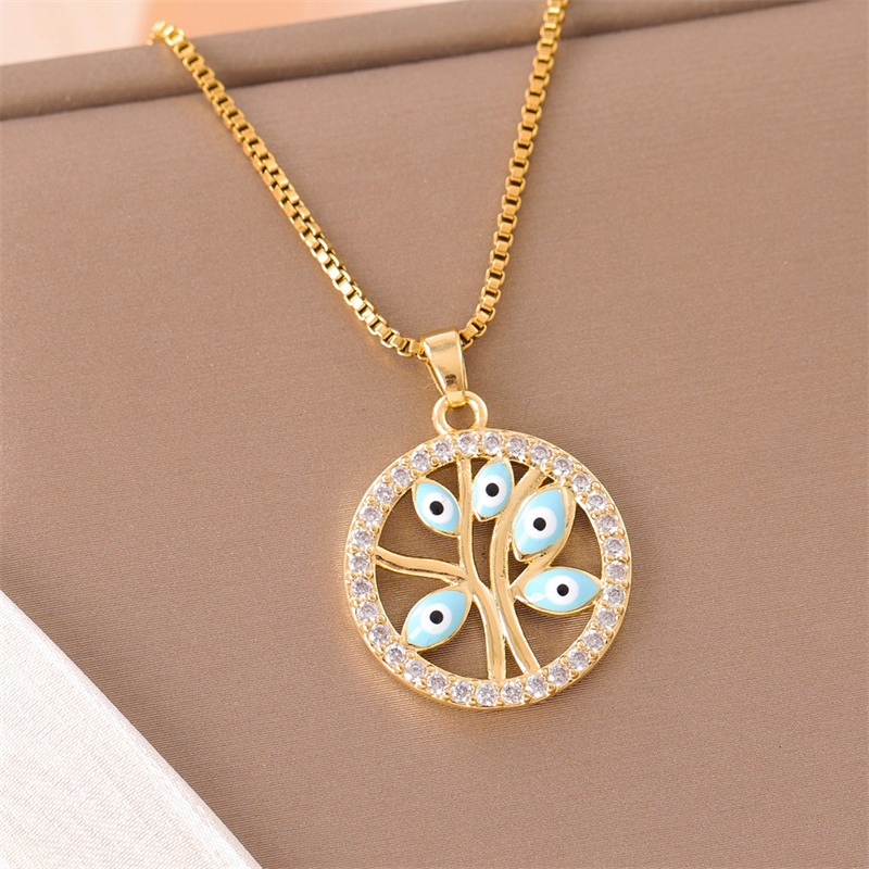 Stainless Steel Titanium Steel 18K Gold Plated Simple Style Streetwear Enamel Plating Inlay Devil'S Eye Tree Zircon Pendant Necklace display picture 3