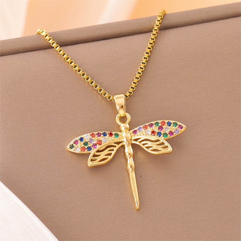 Stainless Steel Titanium Steel 18K Gold Plated Retro Lady Roman Style Enamel Plating Inlay Snake Bee Butterfly Zircon Pendant Necklace display picture 10
