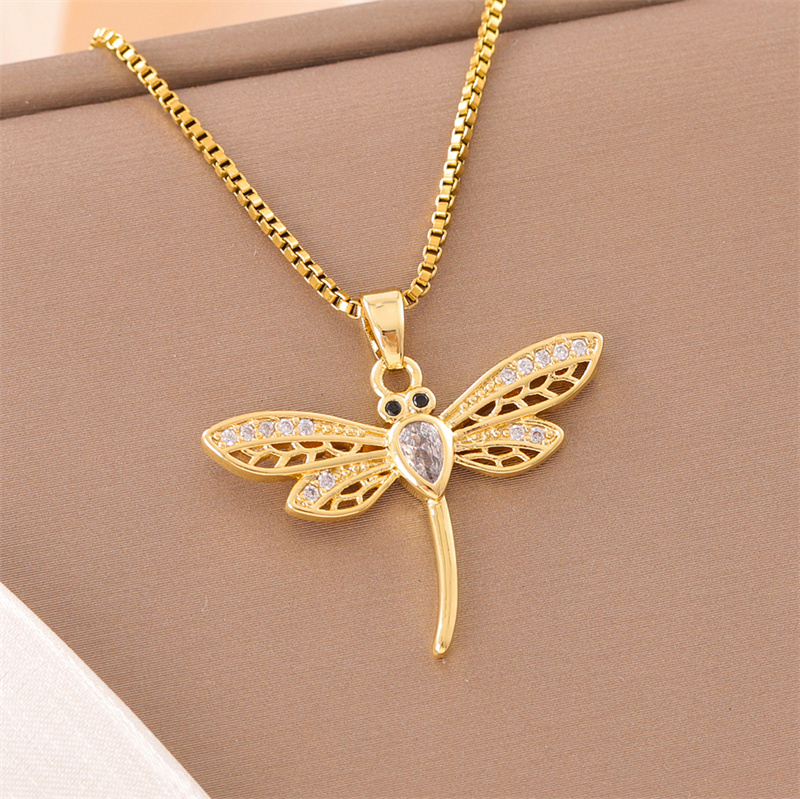 Stainless Steel Titanium Steel 18K Gold Plated Retro Lady Roman Style Enamel Plating Inlay Snake Bee Butterfly Zircon Pendant Necklace display picture 18