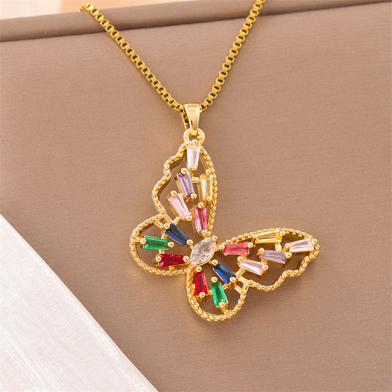 Stainless Steel Titanium Steel 18K Gold Plated Retro Lady Roman Style Enamel Plating Inlay Snake Bee Butterfly Zircon Pendant Necklace display picture 40
