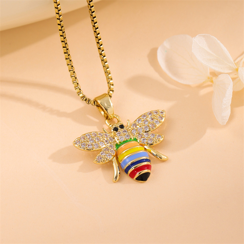 Stainless Steel Titanium Steel 18K Gold Plated Retro Lady Roman Style Enamel Plating Inlay Snake Bee Butterfly Zircon Pendant Necklace display picture 39