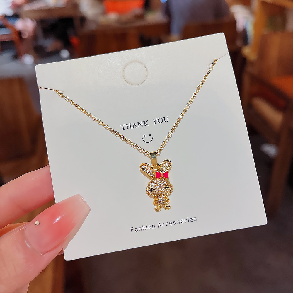 Cute Sweet Rabbit Titanium Steel Inlay Zircon Pendant Necklace display picture 7