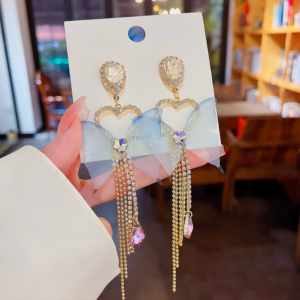1 Pair Fairy Style Tassel Heart Shape Butterfly Inlay Copper Zircon Drop Earrings display picture 2