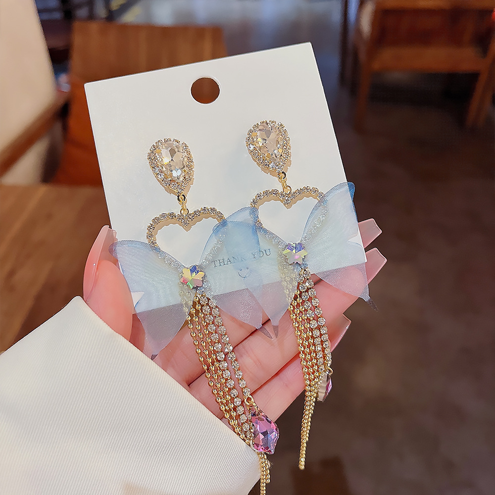 1 Pair Fairy Style Tassel Heart Shape Butterfly Inlay Copper Zircon Drop Earrings display picture 3