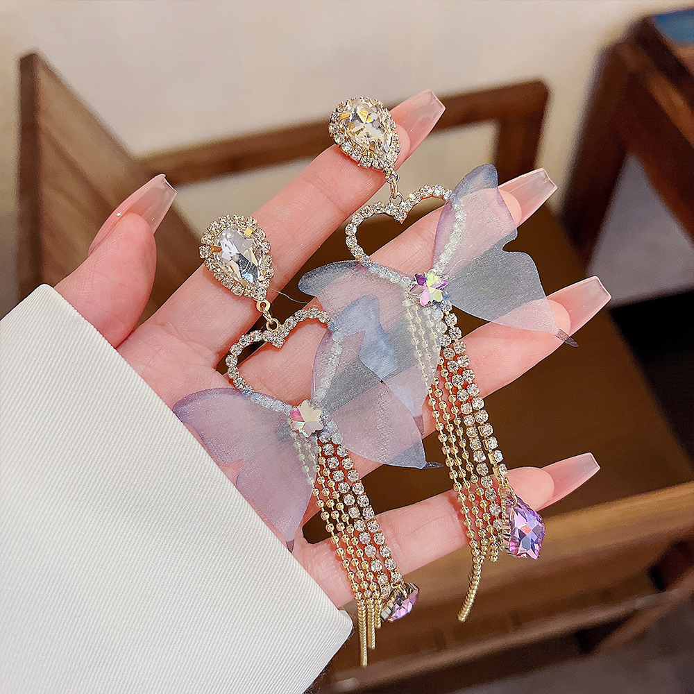 1 Pair Fairy Style Tassel Heart Shape Butterfly Inlay Copper Zircon Drop Earrings display picture 4