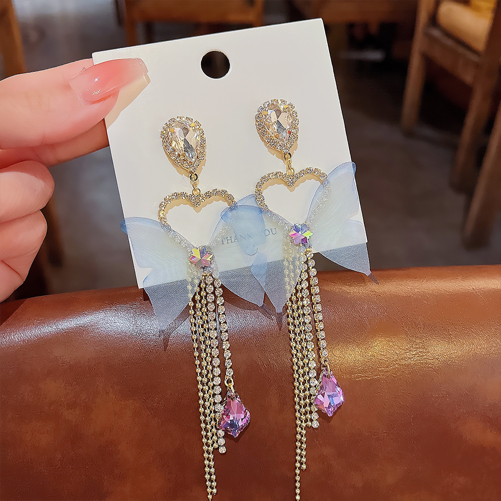 1 Pair Fairy Style Tassel Heart Shape Butterfly Inlay Copper Zircon Drop Earrings display picture 5