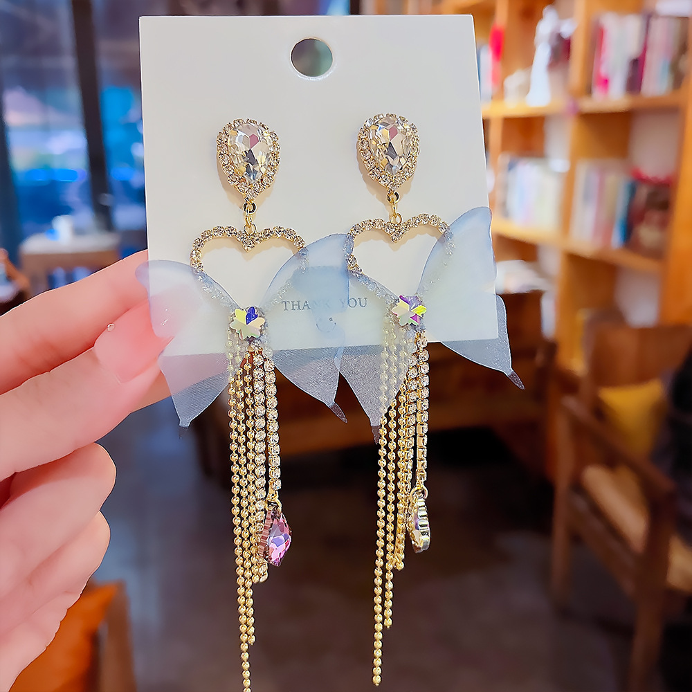 1 Pair Fairy Style Tassel Heart Shape Butterfly Inlay Copper Zircon Drop Earrings display picture 6