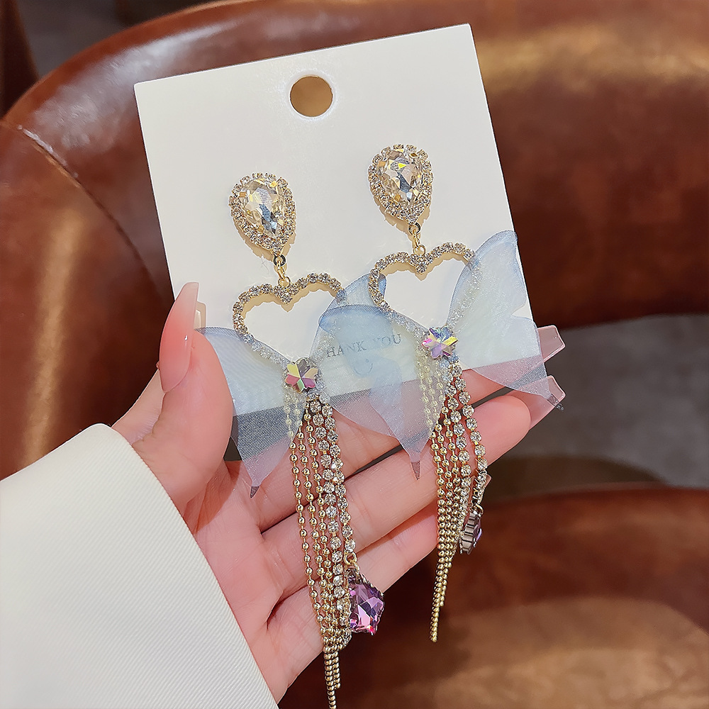 1 Pair Fairy Style Tassel Heart Shape Butterfly Inlay Copper Zircon Drop Earrings display picture 7