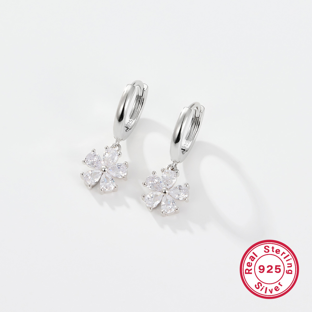 1 Pair Simple Style Flower Plating Inlay Sterling Silver Zircon White Gold Plated Drop Earrings display picture 1