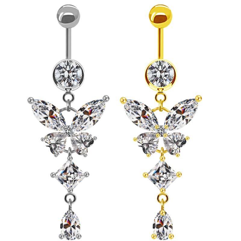 Modern Style Streetwear Shiny Butterfly Stainless Steel Rhinestone Plating Inlay Rhinestones White Gold Plated Gold Plated Belly Ring display picture 1
