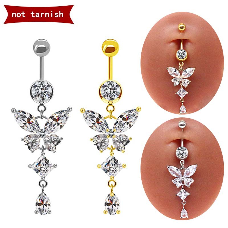 Modern Style Streetwear Shiny Butterfly Stainless Steel Rhinestone Plating Inlay Rhinestones White Gold Plated Gold Plated Belly Ring display picture 4
