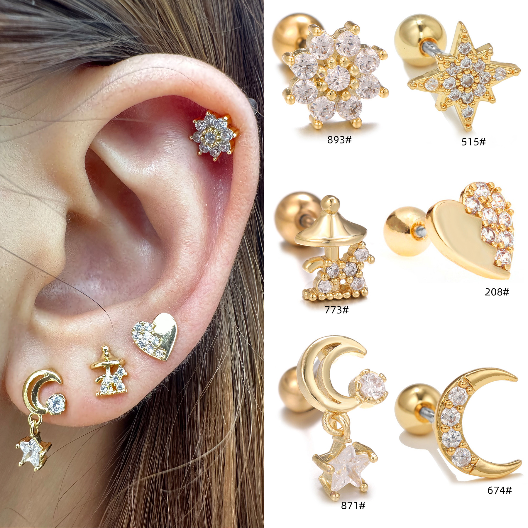 1 Piece Ig Style Simple Style Star Moon Heart Shape Plating Inlay Brass Zircon 18k Gold Plated White Gold Plated Sleeper Earrings  Ear Studs display picture 1