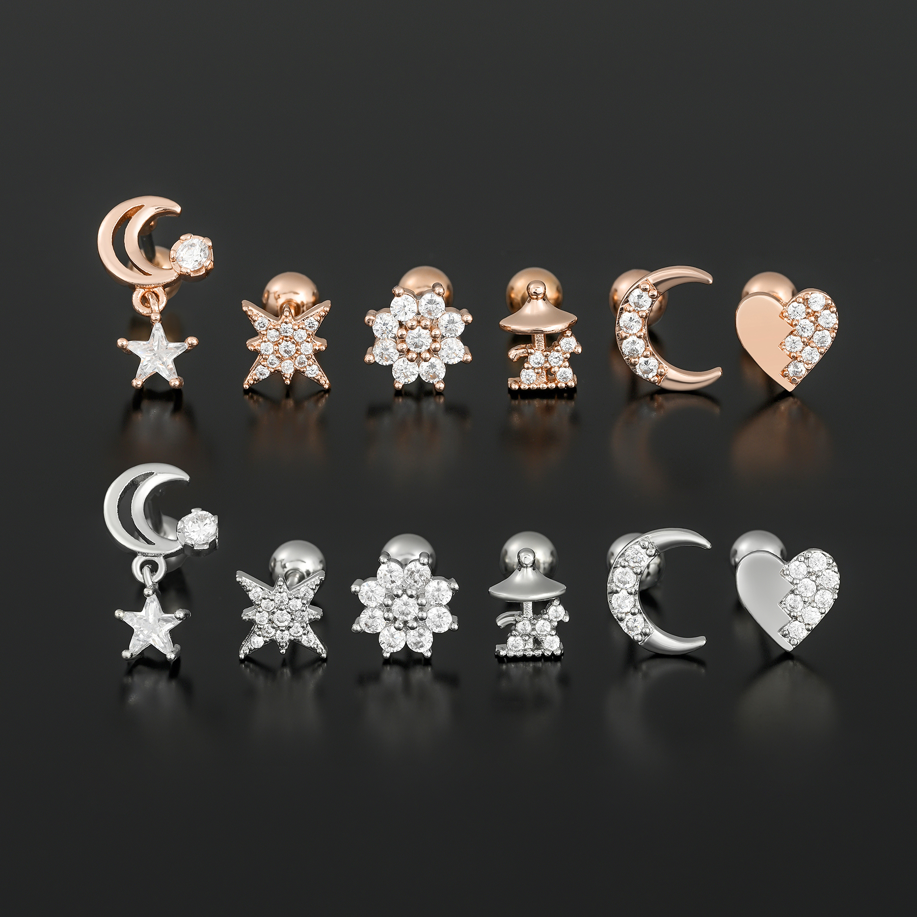 1 Piece Ig Style Simple Style Star Moon Heart Shape Plating Inlay Brass Zircon 18k Gold Plated White Gold Plated Sleeper Earrings  Ear Studs display picture 3