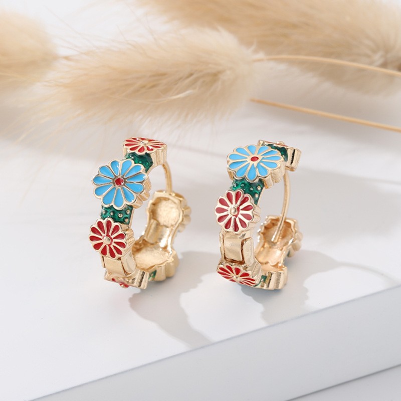 1 Pair Sweet Flower Enamel Copper Hoop Earrings display picture 2