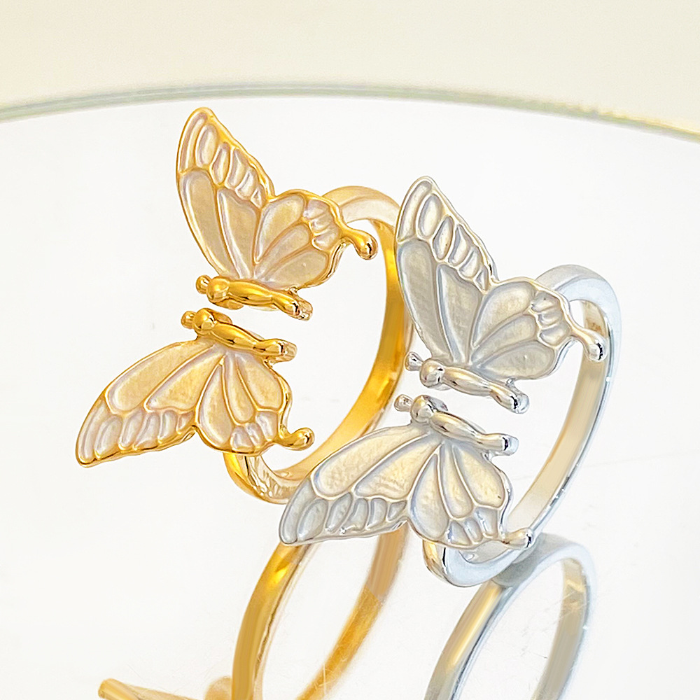 Elegant Süss Schmetterling Kupfer Emaille 14 Karat Vergoldet Versilbert Offener Ring display picture 4