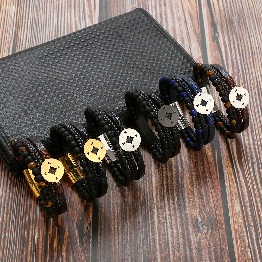 Classical Vintage Style Roman Style Compass Stainless Steel Pu Leather Natural Stone Men's Bracelets display picture 2