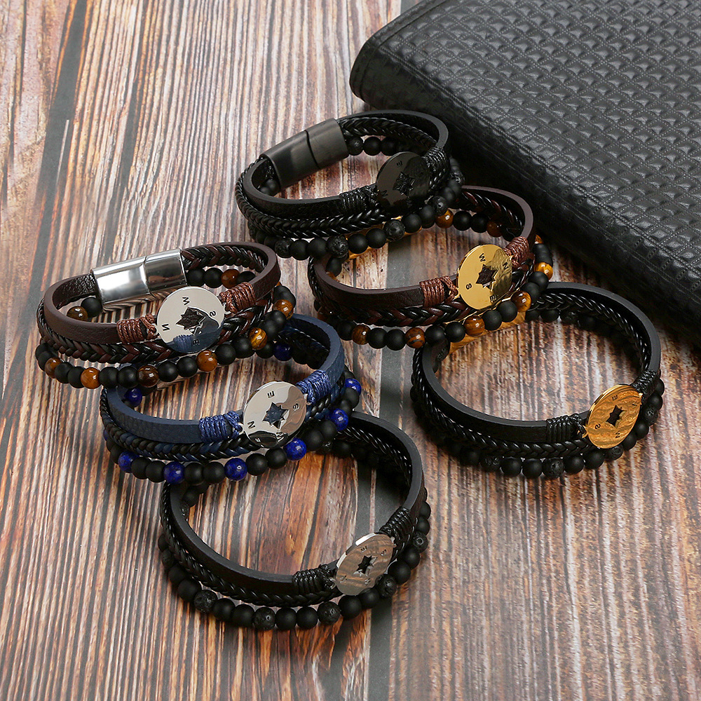Classical Vintage Style Roman Style Compass Stainless Steel Pu Leather Natural Stone Men's Bracelets display picture 4