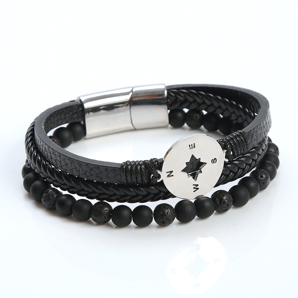 Classical Vintage Style Roman Style Compass Stainless Steel Pu Leather Natural Stone Men's Bracelets display picture 12