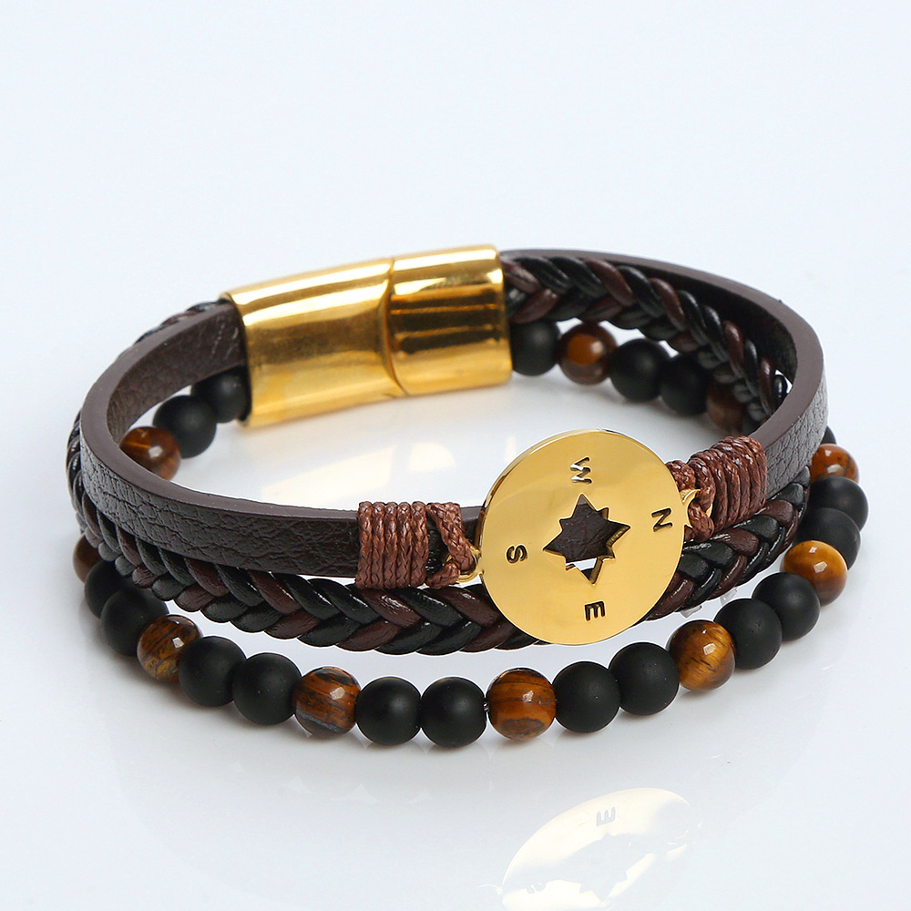 Classical Vintage Style Roman Style Compass Stainless Steel Pu Leather Natural Stone Men's Bracelets display picture 16