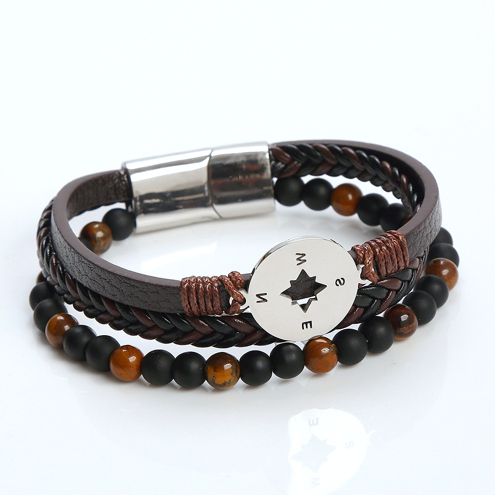 Classical Vintage Style Roman Style Compass Stainless Steel Pu Leather Natural Stone Men's Bracelets display picture 17