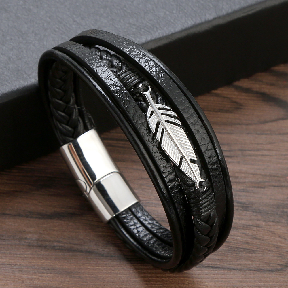 Hip-hop Rock Leaves Stainless Steel Pu Leather Handmade Men's Bracelets display picture 3