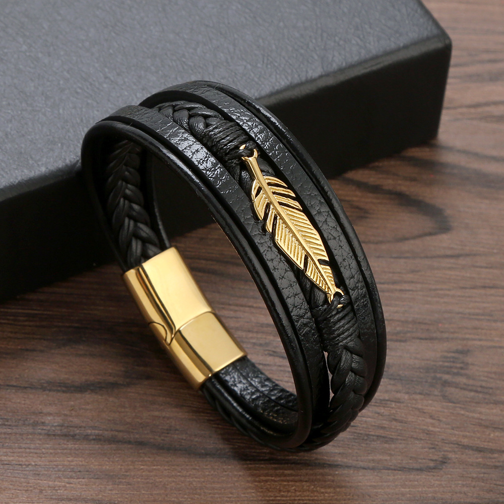 Hip-hop Rock Leaves Stainless Steel Pu Leather Handmade Men's Bracelets display picture 5