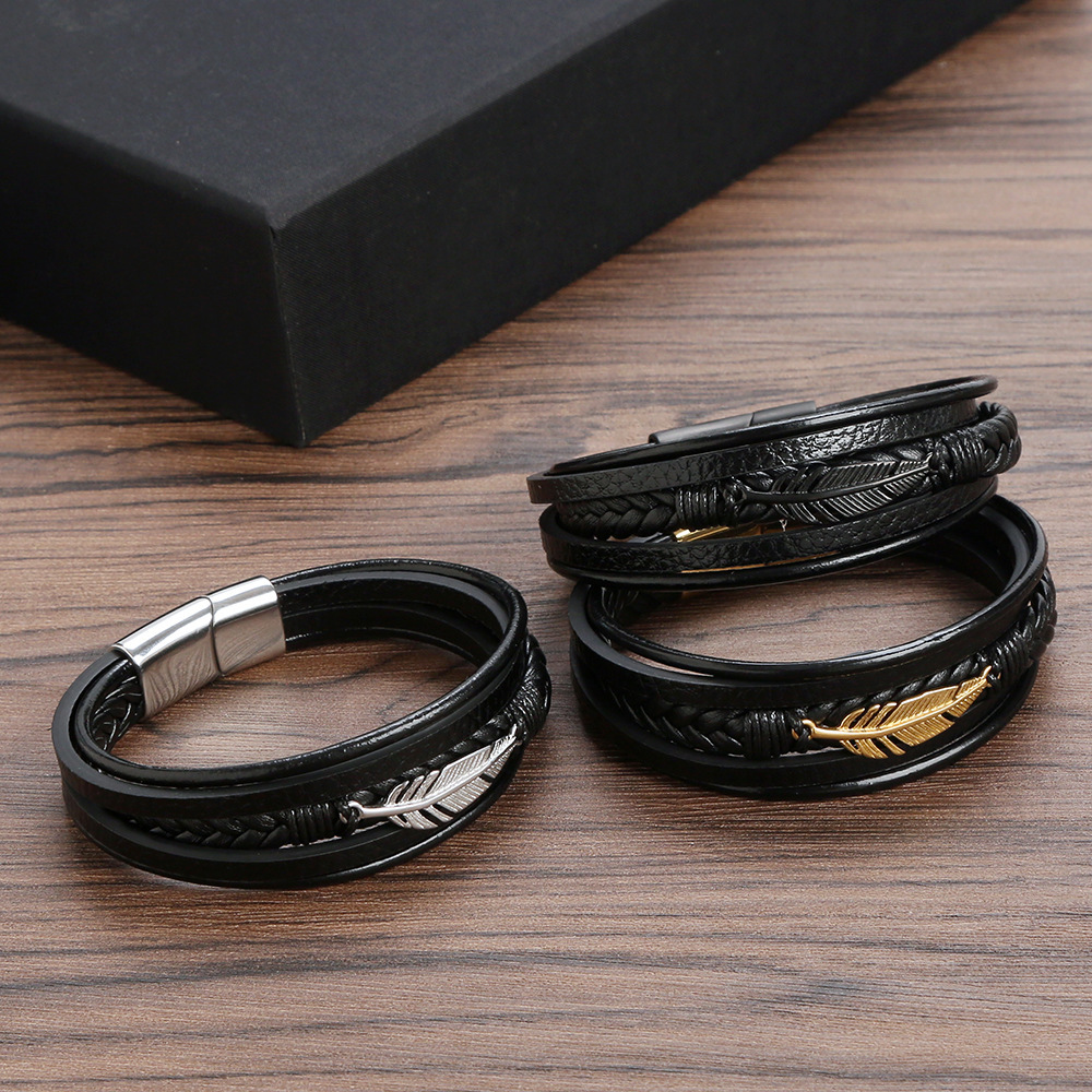 Hip-hop Rock Leaves Stainless Steel Pu Leather Handmade Men's Bracelets display picture 1