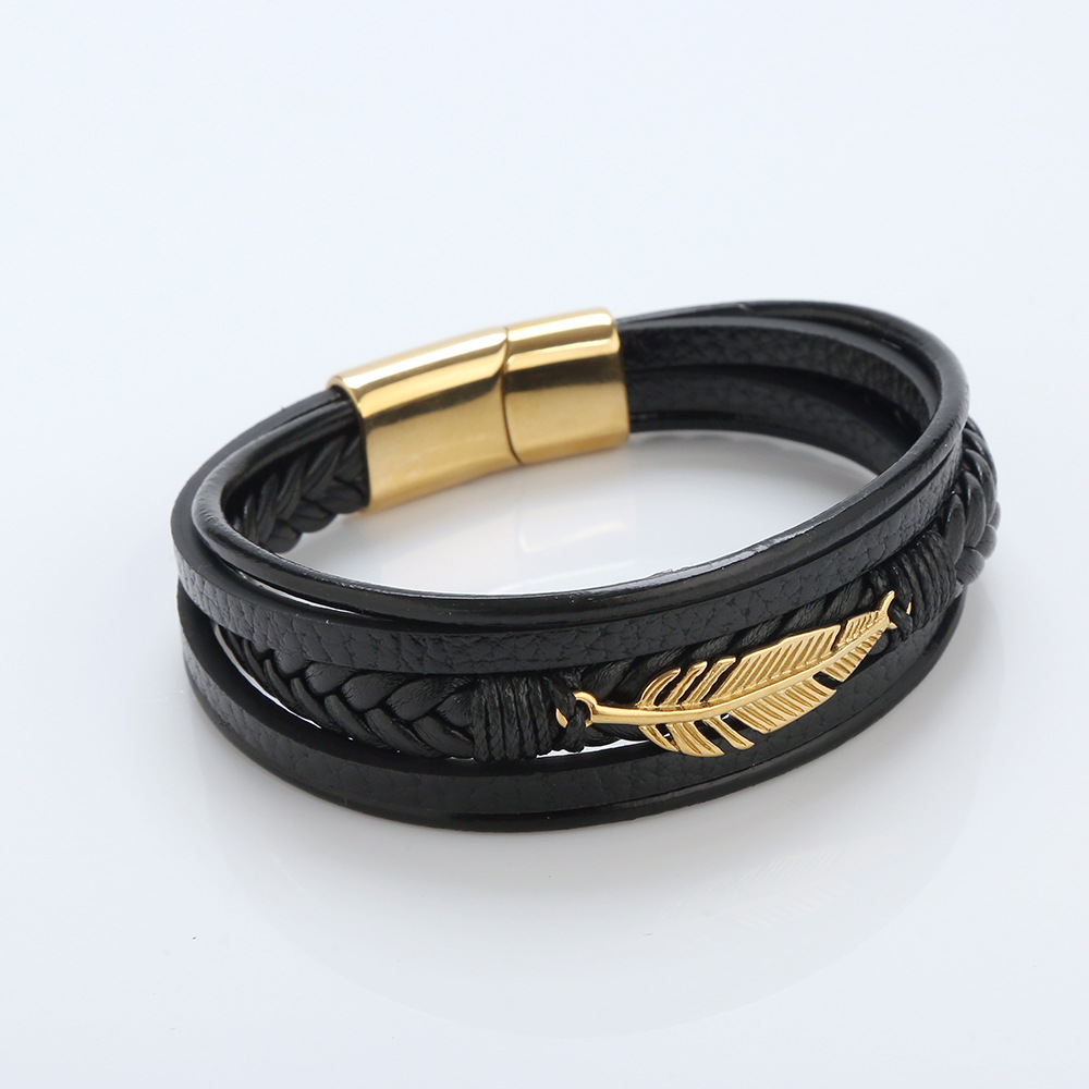 Hip-hop Rock Leaves Stainless Steel Pu Leather Handmade Men's Bracelets display picture 6