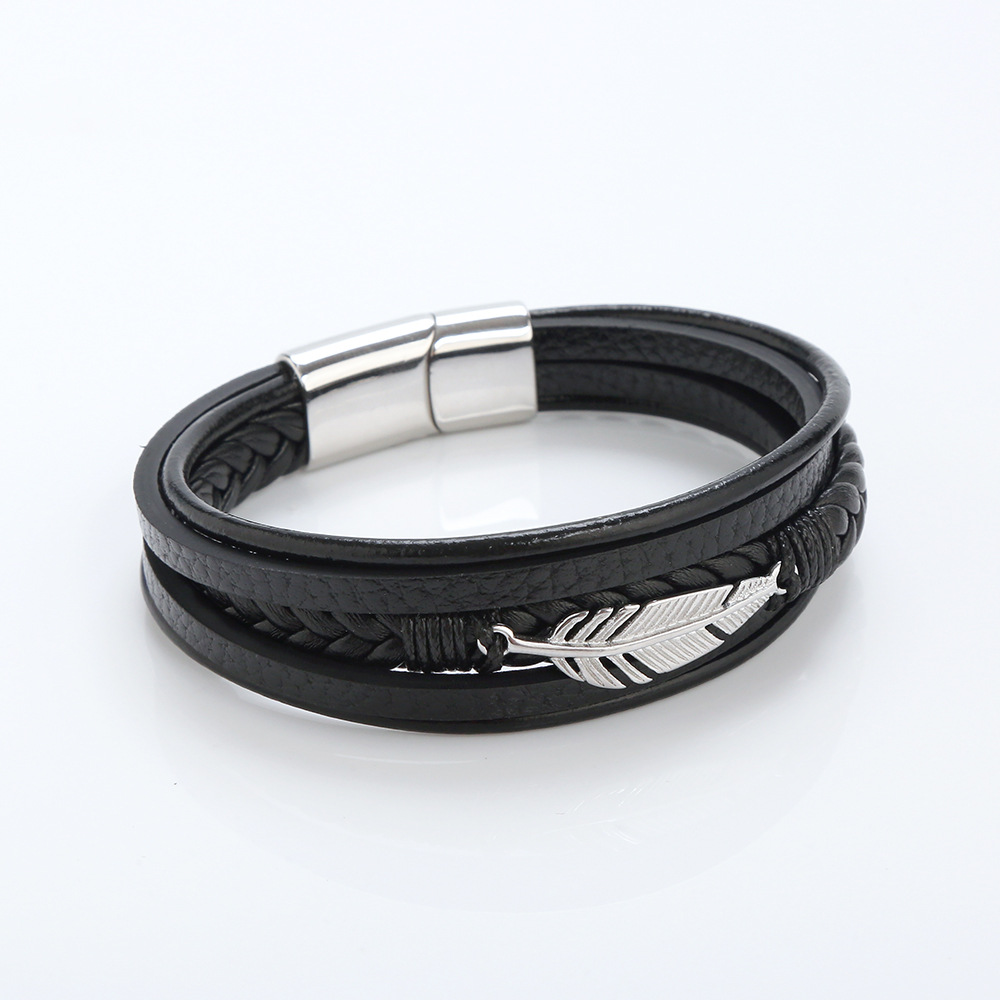 Hip-hop Rock Leaves Stainless Steel Pu Leather Handmade Men's Bracelets display picture 7