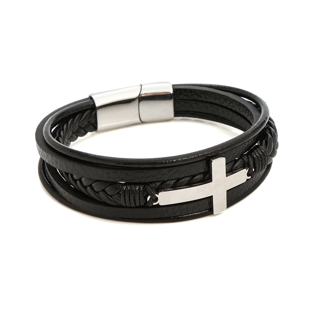 Hip-hop Simple Style Roman Style Cross Stainless Steel Pu Leather Men's Bracelets display picture 3
