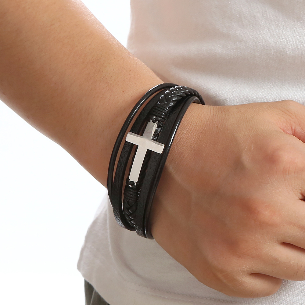 Hip-hop Simple Style Roman Style Cross Stainless Steel Pu Leather Men's Bracelets display picture 2