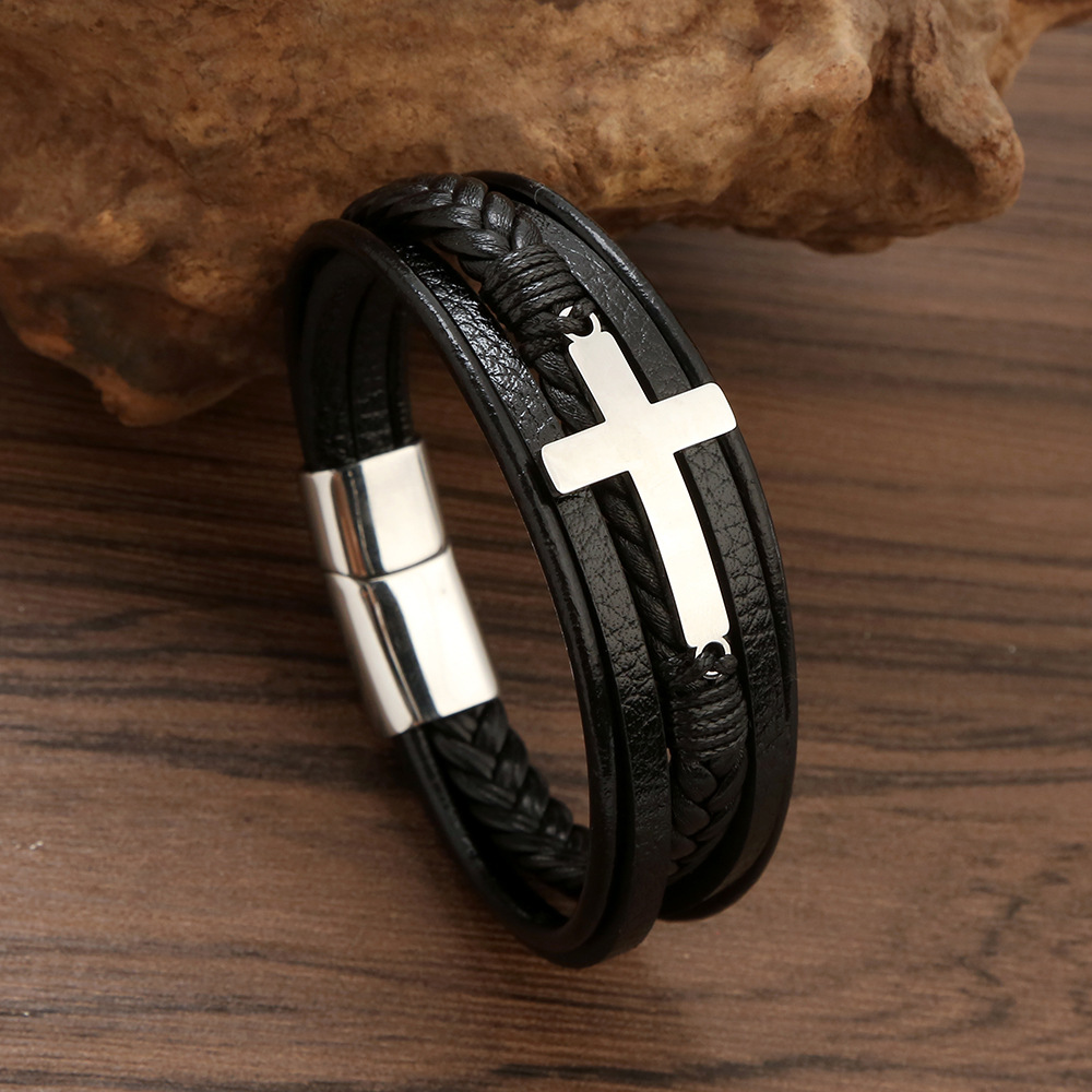 Hip-hop Simple Style Roman Style Cross Stainless Steel Pu Leather Men's Bracelets display picture 1