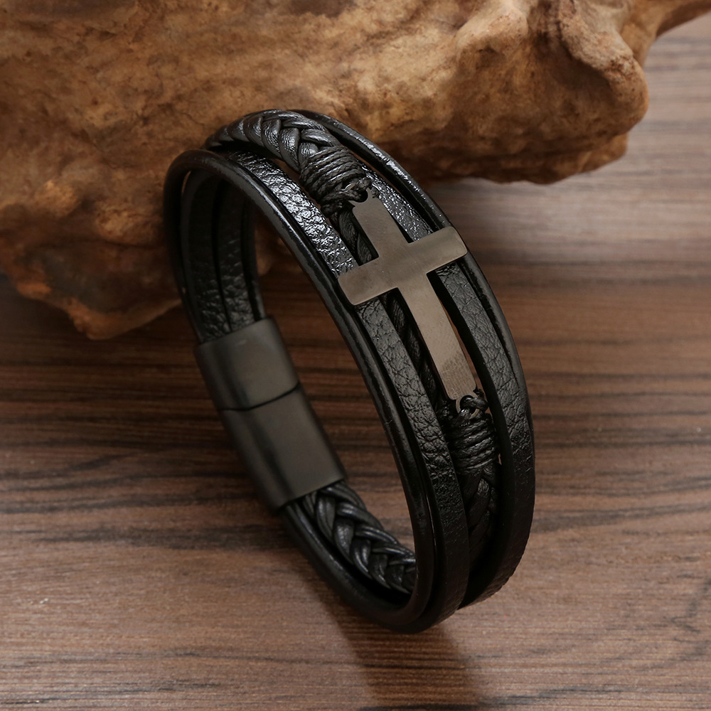 Hip-hop Simple Style Roman Style Cross Stainless Steel Pu Leather Men's Bracelets display picture 5
