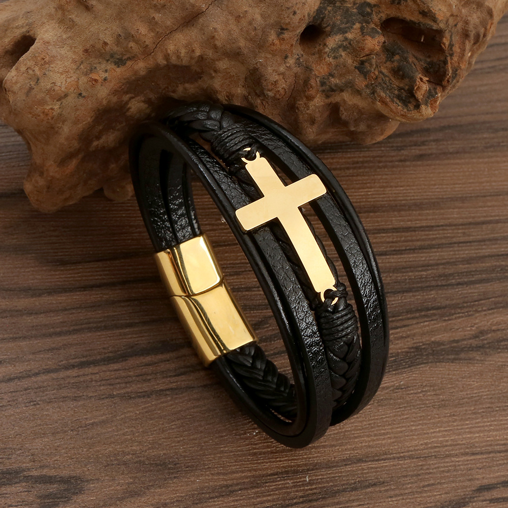 Hip-hop Simple Style Roman Style Cross Stainless Steel Pu Leather Men's Bracelets display picture 4
