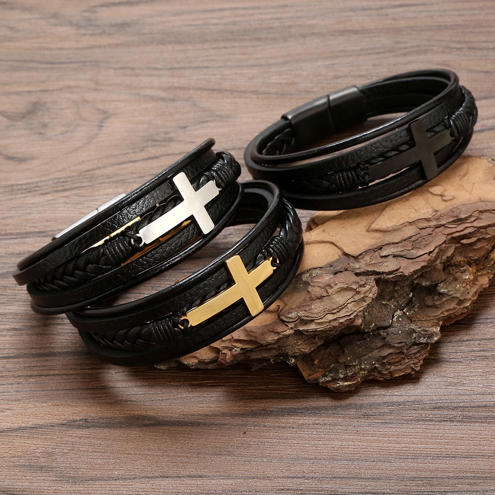 Hip-hop Simple Style Roman Style Cross Stainless Steel Pu Leather Men's Bracelets display picture 9