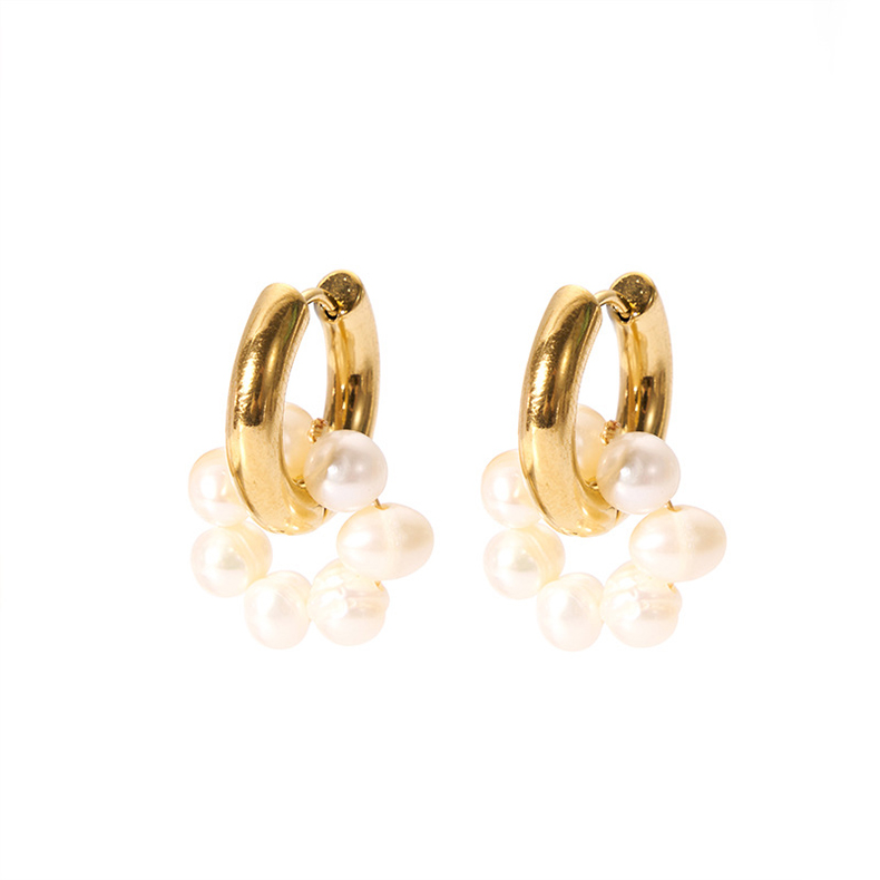 1 Pair French Style British Style Round Plating 201 Stainless Steel Freshwater Pearl 18K Gold Plated Earrings display picture 2