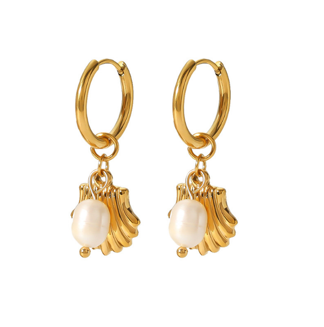 1 Pair Cute Simple Style Classic Style Scallop Plating Stainless Steel Artificial Pearl Titanium Steel Gold Plated Drop Earrings display picture 3