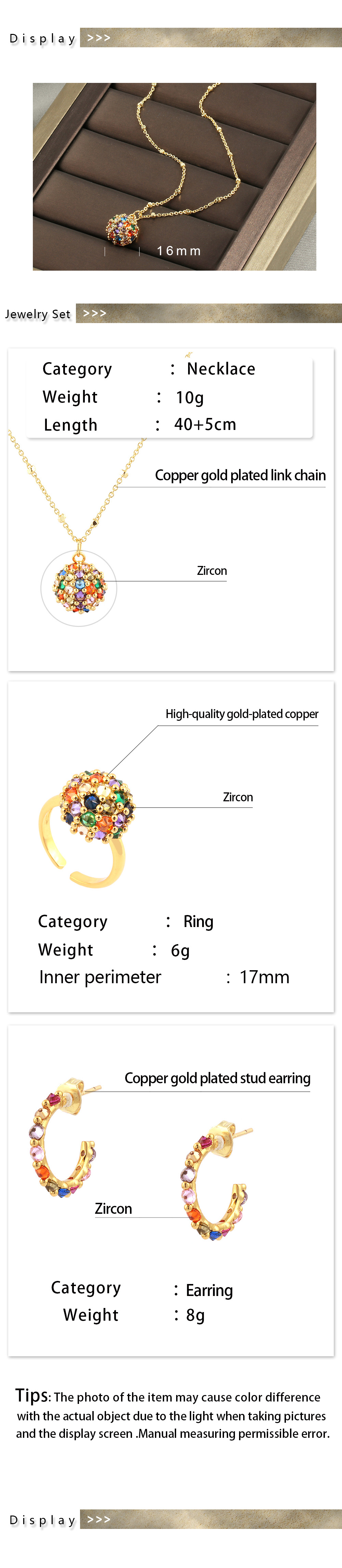 Glänzend C-form Runden Kupfer 18 Karat Vergoldet Zirkon Ringe Ohrringe Halskette In Masse display picture 1
