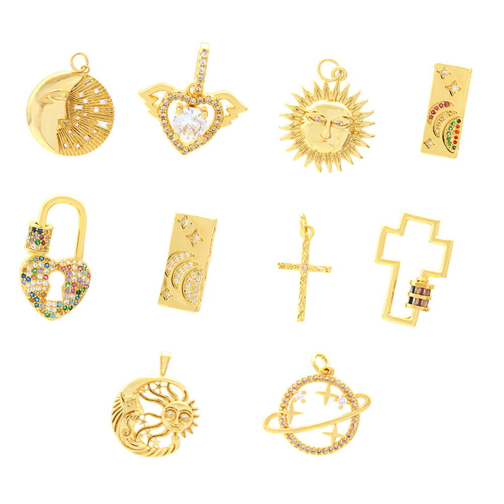 Retro Simple Style Streetwear Cross Sun Heart Shape Copper Plating Inlay Zircon 18k Gold Plated Charms display picture 1