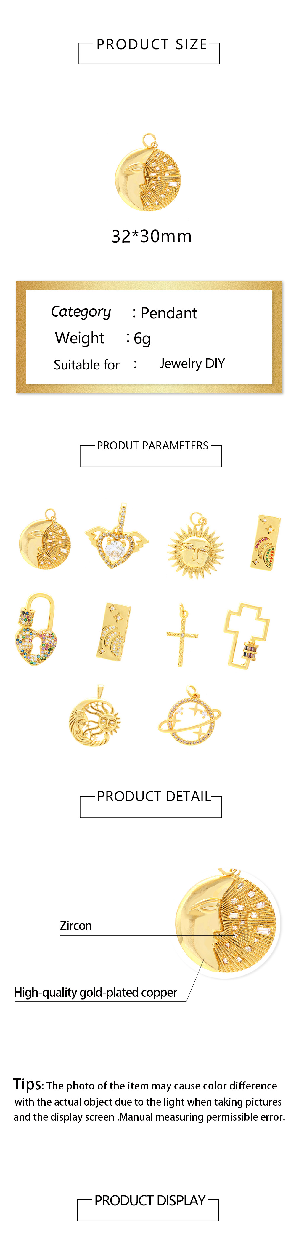 Retro Simple Style Streetwear Cross Sun Heart Shape Copper Plating Inlay Zircon 18k Gold Plated Charms display picture 2