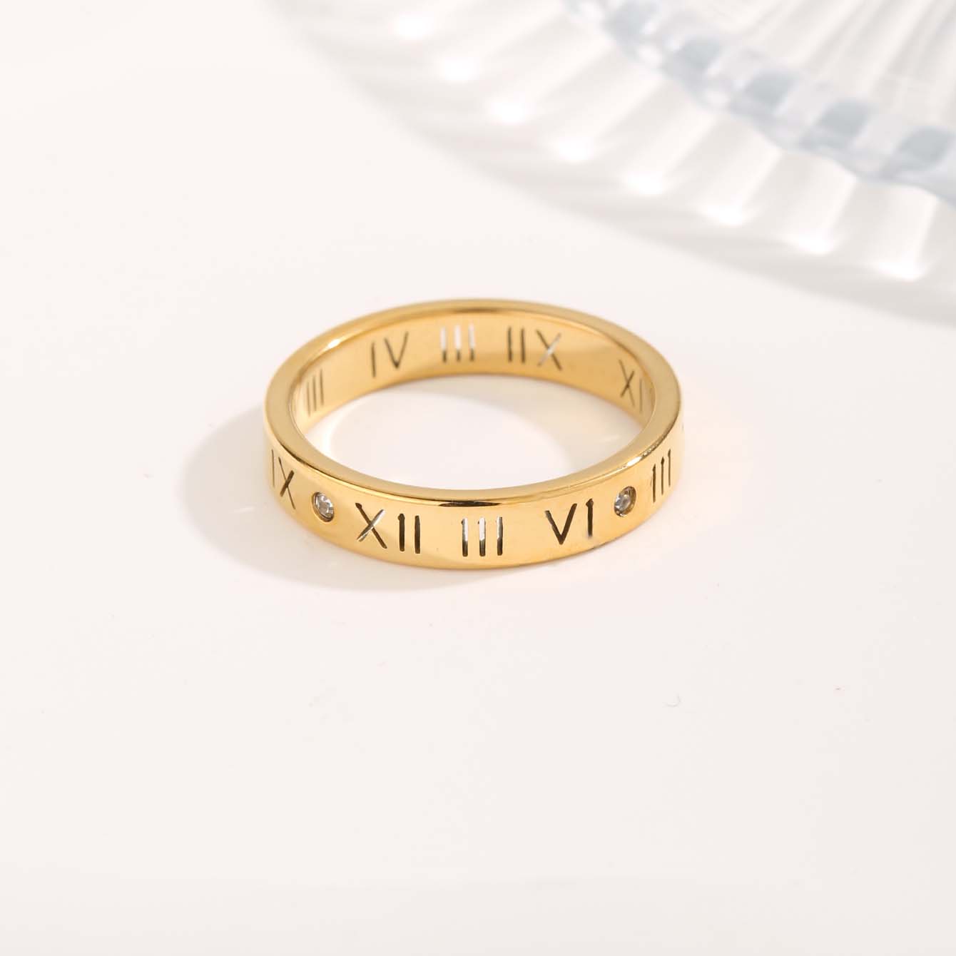 Simple Style Classic Style Circle Roman Numeral Checkered Titanium Steel Copper Plating Inlay Zircon Gold Plated Rings display picture 7