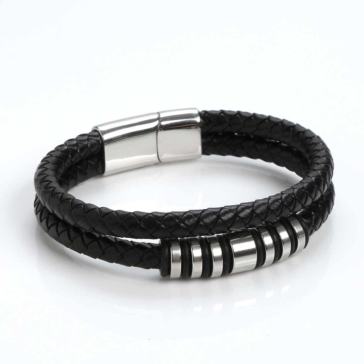 Glam Classical Solid Color Solid Color Stainless Steel Pu Leather Handmade Men's Bangle display picture 1