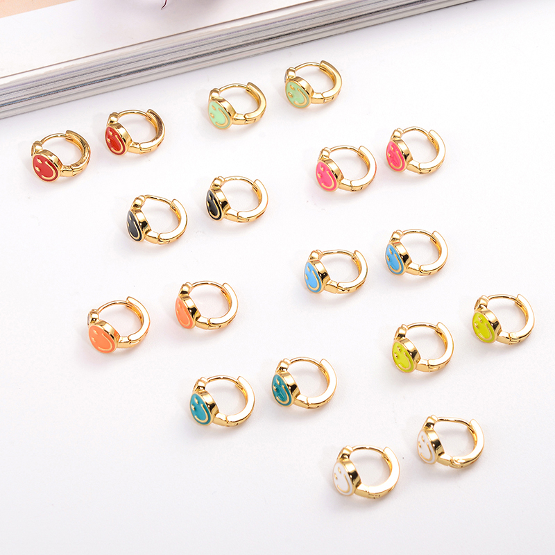 1 Pair Ig Style Simple Style Round Smiley Face Enamel Plating Inlay Copper Zircon 18k Gold Plated Earrings display picture 13