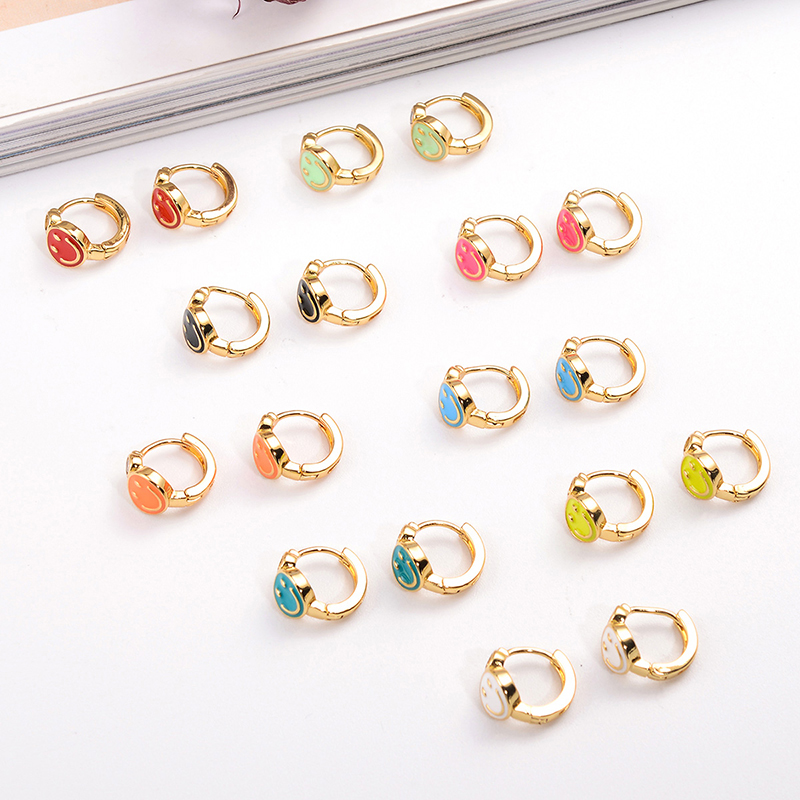 1 Pair Ig Style Simple Style Round Smiley Face Enamel Plating Inlay Copper Zircon 18k Gold Plated Earrings display picture 2