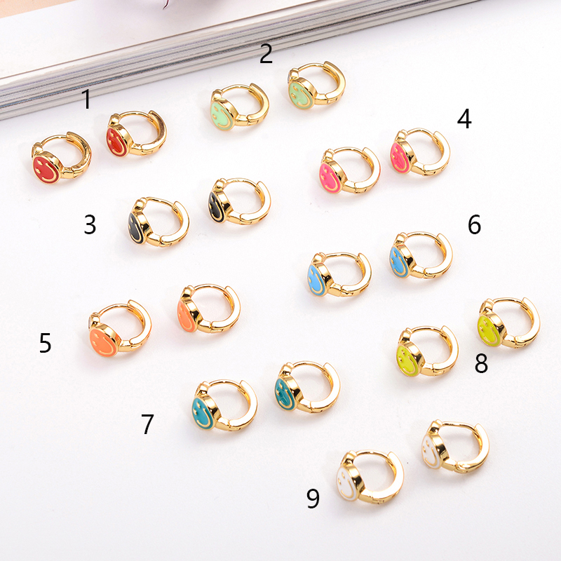 1 Pair Ig Style Simple Style Round Smiley Face Enamel Plating Inlay Copper Zircon 18k Gold Plated Earrings display picture 3