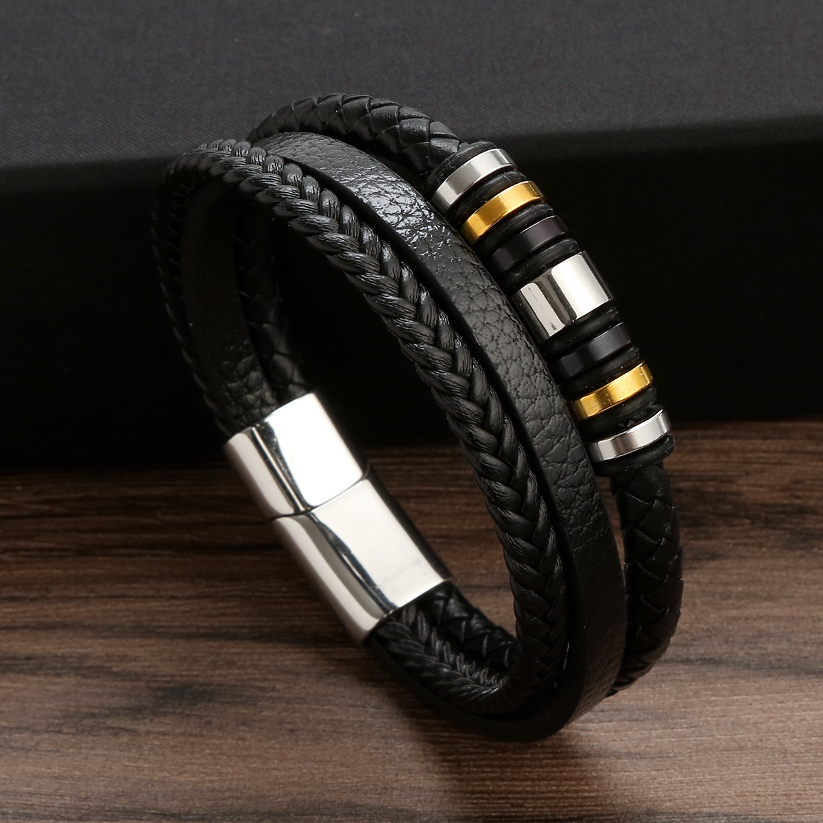 Classical Color Block Stainless Steel Pu Leather Handmade Men's Bangle display picture 1
